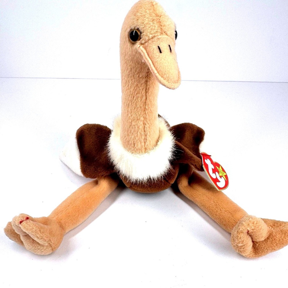 Ty Beanie Baby Stretch Ostrich 1997 P.E. Pellets Brown Tan Plush w Tags